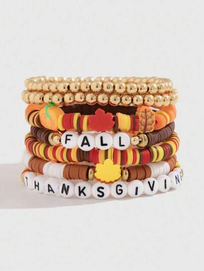 Fairycore 7pcs/Set Thanksgiving Letter Beaded Crystal Polymer Clay Charm Bracelets, Handmade Maple Leaf & Pumpkin Charm Bracelets, Autumn Thanksgiving Jewelry Gift For Wife/Daughter, Halloween