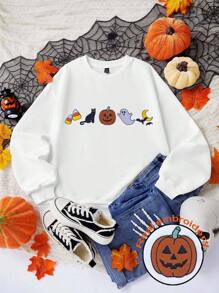 SHEIN EZwear 休闲简约万圣节鬼魂、南瓜、猫、蝙蝠印花圆领宽松女式卫衣，适合秋冬季 - 白色 - 查看 2