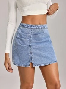 SHEIN Tall 女式休闲牛仔裙，侧开衩褶饰下摆 - 藍色 - 查看 6