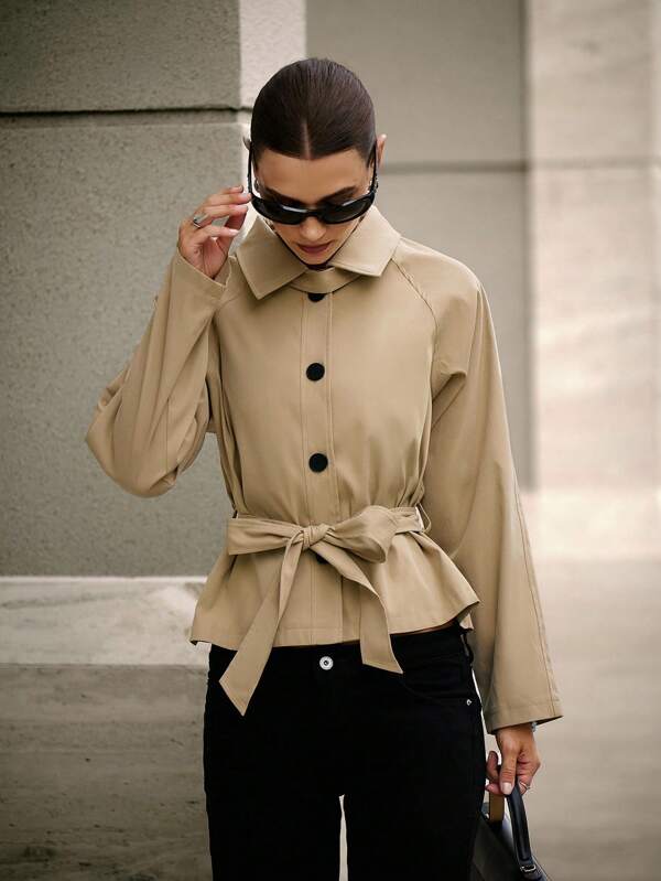 Hanevo Khaki Damen Jacke mit Langarm, Gürtel und Kragen