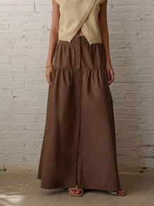 Nöista 棕色纽扣前开长裙，分层设计，高腰，适合秋季、休闲、波西米亚风、返校季 - 鏽棕色 - 查看 6