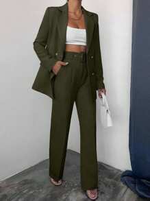 EURMUSE Women's Solid Color Double-Breasted Jacket And Pants Suit Set - Hijau Tentara - View 4