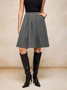 House of One 中腰褶皱梭织短裙女休闲商务短款复古秋季衣服秋季服装商务职业女性商务休闲女装 - 深灰色 - 查看 4