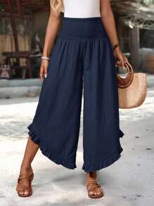 EMERY ROSE Women's Casual Ruffled Hem Long Pants, Summer Wide Leg Summer Pants Ruffle Hem Pants - Navy Blue - View 6