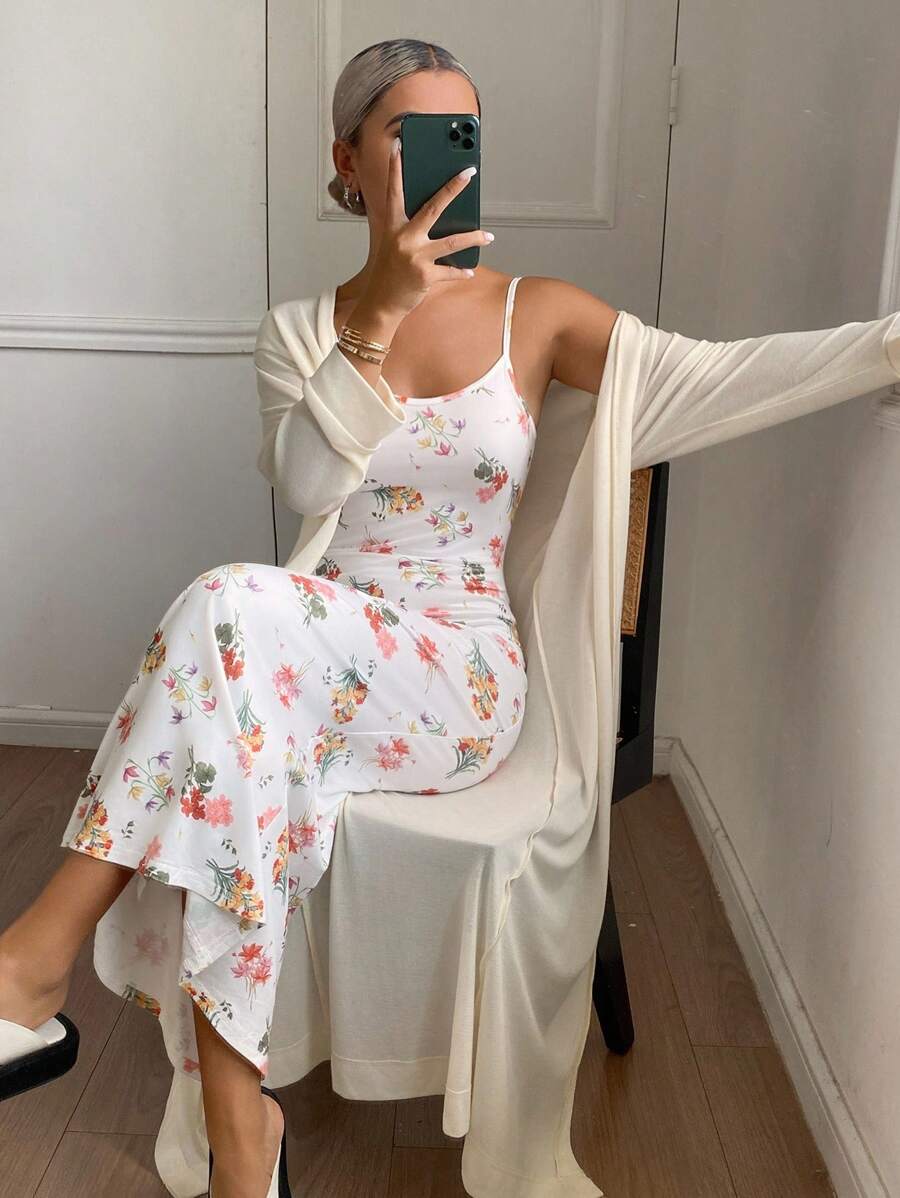 DAZY Rochie camisol cu imprimeu floral și halat de culoare uni, pijamale pentru femei, haine de toamnă