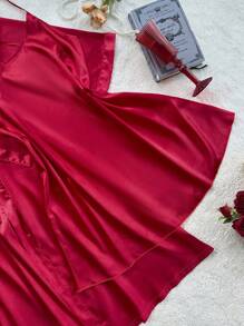 SilkySpell Luxury  Burgundy Satin Mini Pajama Set For Women With Sleeveless Dress And Kimono Sleeve Robe Red Silk Robe Set Silk Robe Set Red Silk Pajamas Red Robe Lingerie Robe Set, Fall Clothes - Burgundy - View 6