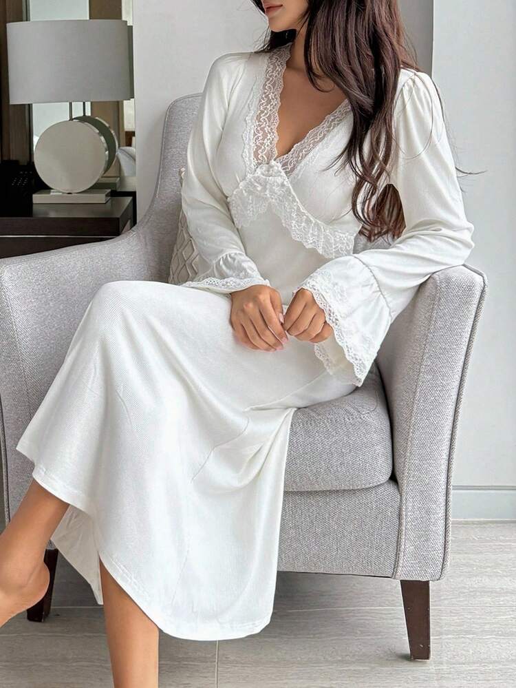 Lace Ruffle Patchwork Waist Maxi Nightgown For Women Pajama