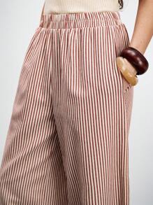 SHEIN LUNE Pantalones casuales de mujer con bolsillos y rayas sueltas, adecuados para el estilo casual de la universidad en primavera y otoño - Marrón - Ver 4