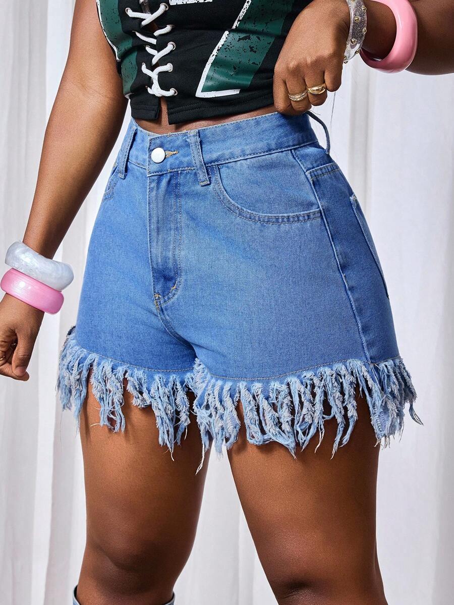 Slaydiva Shorts Denim Femininos Casuais e Versáteis com Barra Desfiada - Lavagem escura - Visão 1