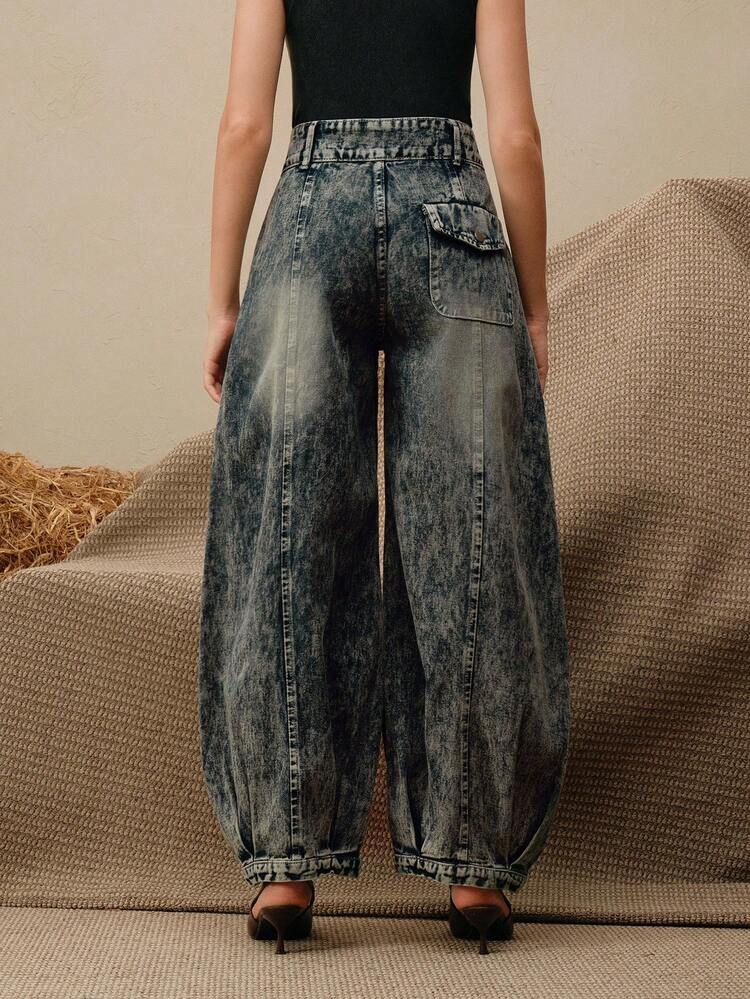 Vintage Curved Knife Harem Jeans, High Waist Loose Wide Leg Women's Jeans, Autumn/Winter