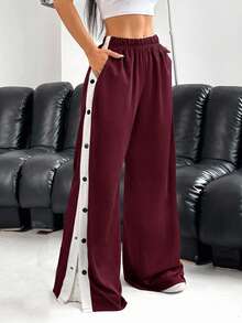 SHEIN EZwear 女式休闲勃艮第色块侧扣宽松裤 - 酒紅色 - 查看 4