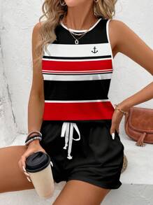SHEIN LUNE Women's Sleeveless Round Neck Striped Color Block Tank Top & Shorts 2 Pieces Set - Multicolor - View 5