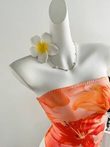SHEIN X ELOISA & ORSON SHEIN MOD Women's Casual Floral Print Asymmetric Hem Tube Top,Tube Top,Going Out Tops Women,Beach Outfits For Woman,Vacation Outfits Woman Suitable For Going Out