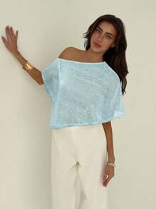 Aloruh Women's Casual Solid Color Asymmetric Blouse, Summer - Mint Blue - View 5