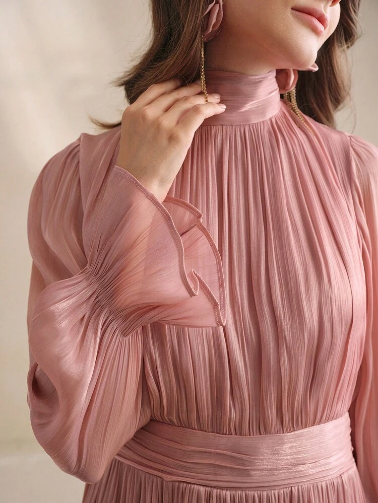 Women's New Elegant Elegant High-End Ageless Solid Color Retro Flare Sleeve Asymmetrical Ruffle Hem Dress