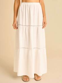 CAJUNI Falda acampanada de encaje y parches para mujer, estilo vintage casual para ir al trabajo - Blanco - Ver 4