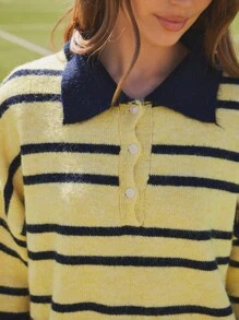WESTFADE Suéter Polo Oversized de Manga Longa com Botões e Listras, Roupas Fofas de Volta às Aulas para o Outono, Country Concert - Multicolorido - Visão 2