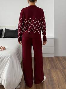 SHEIN Cottnline Burgundy Ribbed Knit Co-Ord Set With White Pattern ...
