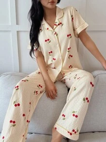 Eraneu Cherry Striped Print Lapel Short Sleeve Pants Women Pajama Set Cherry Pajamas Striped Cherry Pajamas - Yellow - View 5
