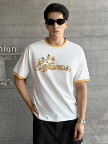 SWAVVY 男士休闲时尚针织圆领短袖字母印花T恤，适合夏季 - 白色 - 查看 2