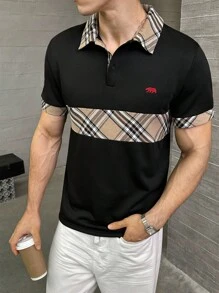 Manfinity BRENVOR 男士黑色格子针织短袖Polo衫，格子拼接，适合夏季 - 黑色 - 查看 4