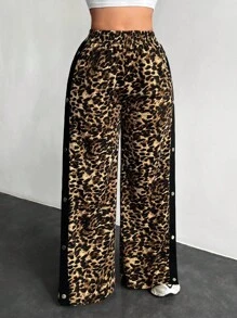 SHEIN SXY Women Casual Fashion Street Leopard Print Contrast Sideseam Button Placket Wide Leg Sweatpants,Fall Women Clothes,,Back To School,Y2k,Cheetah Print,School Clothes,Leopard Print,Casual Women Outfits,Streetwear Women - Multicolor - View 6