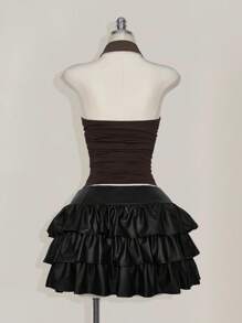 SHEIN ICON Plus Size Black Halter Ruched Backless Top, Bowknot, Suitable For Vacation, Music Festival, Punk