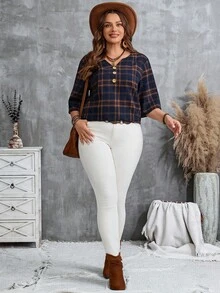 EMERY ROSE Plus Size Casual Plaid Notched Neck Shirt, Fall Women Clothes, Fall Tops Women, Women's Fall Clothes, V Neck Plaid Tops, Suitable For Autumn & Winter Chic Tops,Fall Clothes For Women