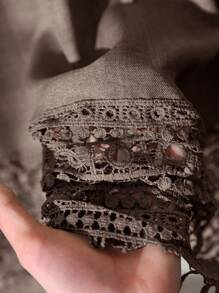 CosyJoli 大码女式花卉图案领结撞色蕾丝宽松时尚衬衫