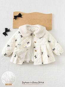 Cozy Pixies Baby Girl Bow Pattern Lapel Long Sleeve Cardigan, Thick Thermal Lining Baby Girl Quilted Jacket Baby Girl Coat Baby Girl Warm Jacket Fall Winter
