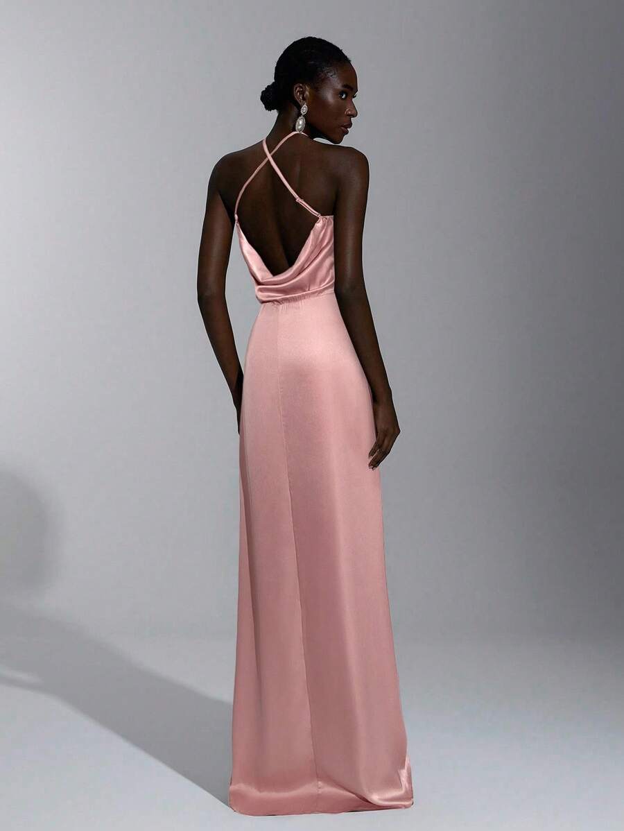 Elitara 优雅、浪漫、性感、极简、缎面、细肩带、露背、金属扣装饰、紧身、时尚、网红风格、节日、度假、生日派对、婚礼活动、伴娘礼服 - 珊瑚粉 - 查看 1