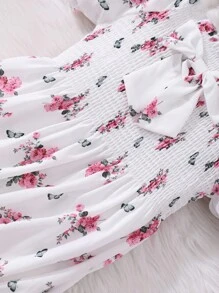 Sparklyn Tween Girls White Floral Midi Dress With Puff Sleeves And Flounce Hem - White - View 7