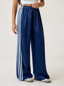 SHEIN Tall Women's Summer Y2K Streetwear Date Night Contrast Color Ribbon Striped Leather Sports Trousers