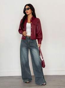 SHEIN PETITE 女士常规款勃艮第酒红色拉链领夹克，适合日常穿着，红色皮夹克，酒红色夹克，深红色夹克，短款夹克，秋冬勃艮第酒红色皮夹克 - 酒紅色 - 查看 5