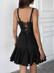 EURMUSE Summer Spagetti Strap Black A-Line Mini Dress, Back Drawstring Detailed Elegant Dress - Black - View 2