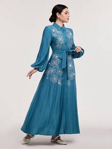 Veilorie 女士优雅花卉刺绣亮片拼接灯笼袖系带长裙，春秋 - 水鴨藍 - 查看 7