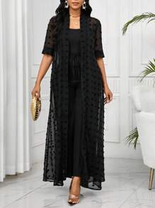 SHEIN Lady 女式优雅纯色纹理长款夹克和裤子两件套 - 黑色 - 查看 5