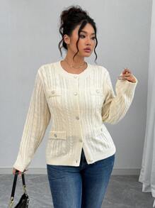 Elenzga Plus Size Casual Solid Color Knit Cardigan Fall Winter Cloth For Women Autumn - White - View 6