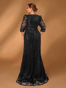 Serin Vestido formal de sirena con mangas medianas, elegante y romántico, con encaje muy adornado con cuentas y rhinestones, apropiado para gala, banquete, madre de la novia, talla grande