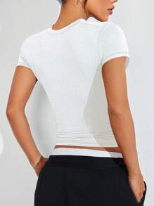 Eassivo Eassivo 女士瑜伽 T 恤紧身健身运动上衣带侧条纹，性感舒适通勤户外跑步修身短袖衬衫健身衫 - 白色 - 查看 2