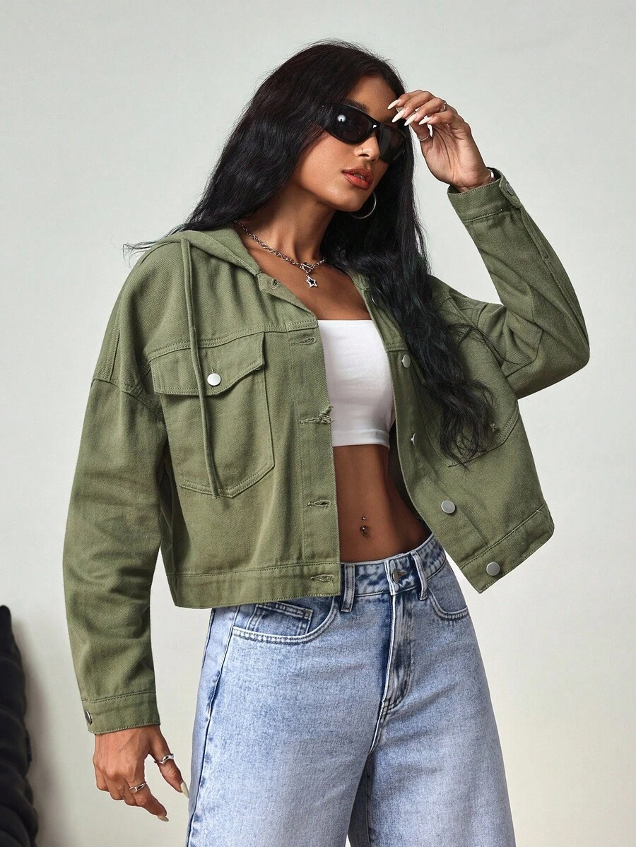 SHEIN Tall Chaqueta vaquera de manga larga con capucha, de corte holgado y casual - Verde militar - Ver 1