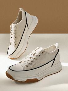 CUCCOO EASI 女式米色增高帆布运动鞋，双色鞋底，休闲系带运动厚底运动鞋