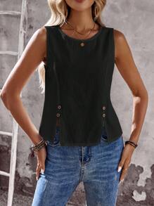 EMERY ROSE 女士休闲无袖衬衫，纽扣装饰和侧开衩，夏季女士休闲上衣夏季上衣 - 黑色 - 查看 8