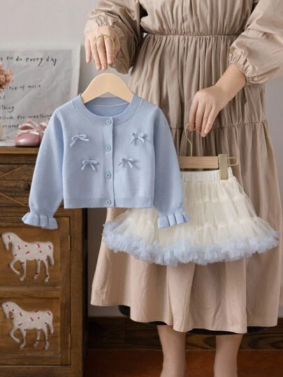 SHEIN 2pcs Baby Girl Bow Decor Button Front Sweater Set And Ombre Tulle Skirt Tutu Dress, Suitable For Family Gatherings, Halloween, New Year, Thanksgiving, Christmas Fall Winter