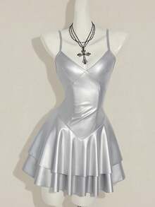 SHEIN ICON Y2K 女士酒红色 PU 皮革性感 V 领迷你连衣裙