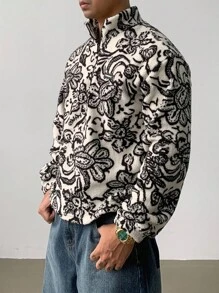 DAZY 男士保暖内衬花卉图案羊羔绒套头衫，带拉链，秋冬季四分之一拉链款 - 彩色 - 查看 3