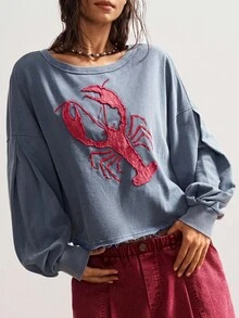 Bohemela Áo sweatshirt nữ dài tay cổ tròn, màu trơn, dáng rộng, chất liệu vải dệt kim, thích hợp mặc mùa thu/đông. - Màu xanh lam - Xem 2