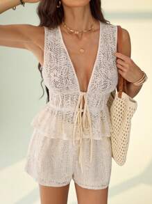 SHEIN Tall Women Floral Hollow Out Tie Front Sleeveless Top And Shorts 2 Pieces Set, Fashion