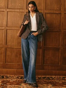 Poéselle Rown Bouclé Jacquard Tweed Blazer For Women –Classic Old Money Style Outerwear ,Thick Autumn Winter Textured Suit Jacket, Elegant Fashion Outerwear,Autumn Textured Blazer,Warm Outerwear Women,Felegant Tweed Coat,Cozy Office Fashion,Parisian Style Fall,Capsule Wardrobe Essential, Tweed Blazer Women - Multicolor - View 8