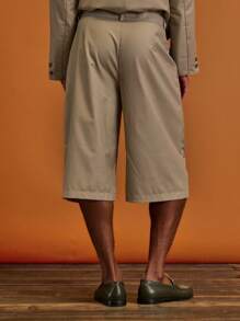 Musero Tailored Long Line Pleated Shorts With Button Detailing Spring Summer Holiday Vacation - Khaki - View 4